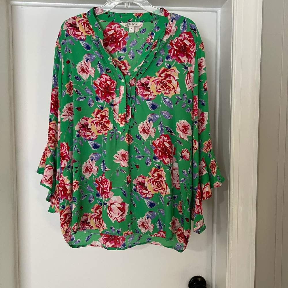 The Pioneer Woman Pleated Floral Ruffle 3/4 Sleeve Boho Top Women Size XL Green